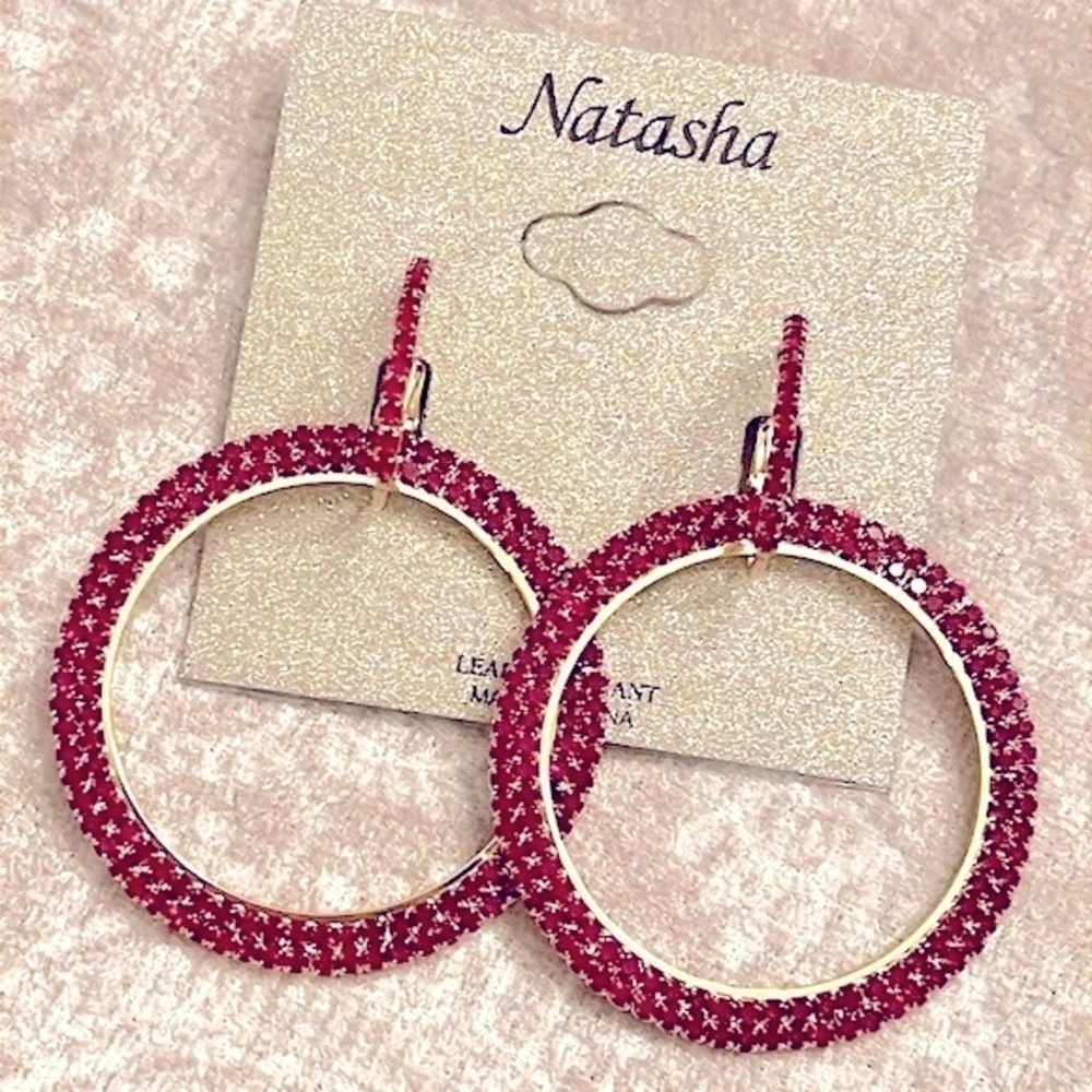 Brand New Natasha Round Red Rhinestone Sparkly Drop Earrings Valentines Day 39$